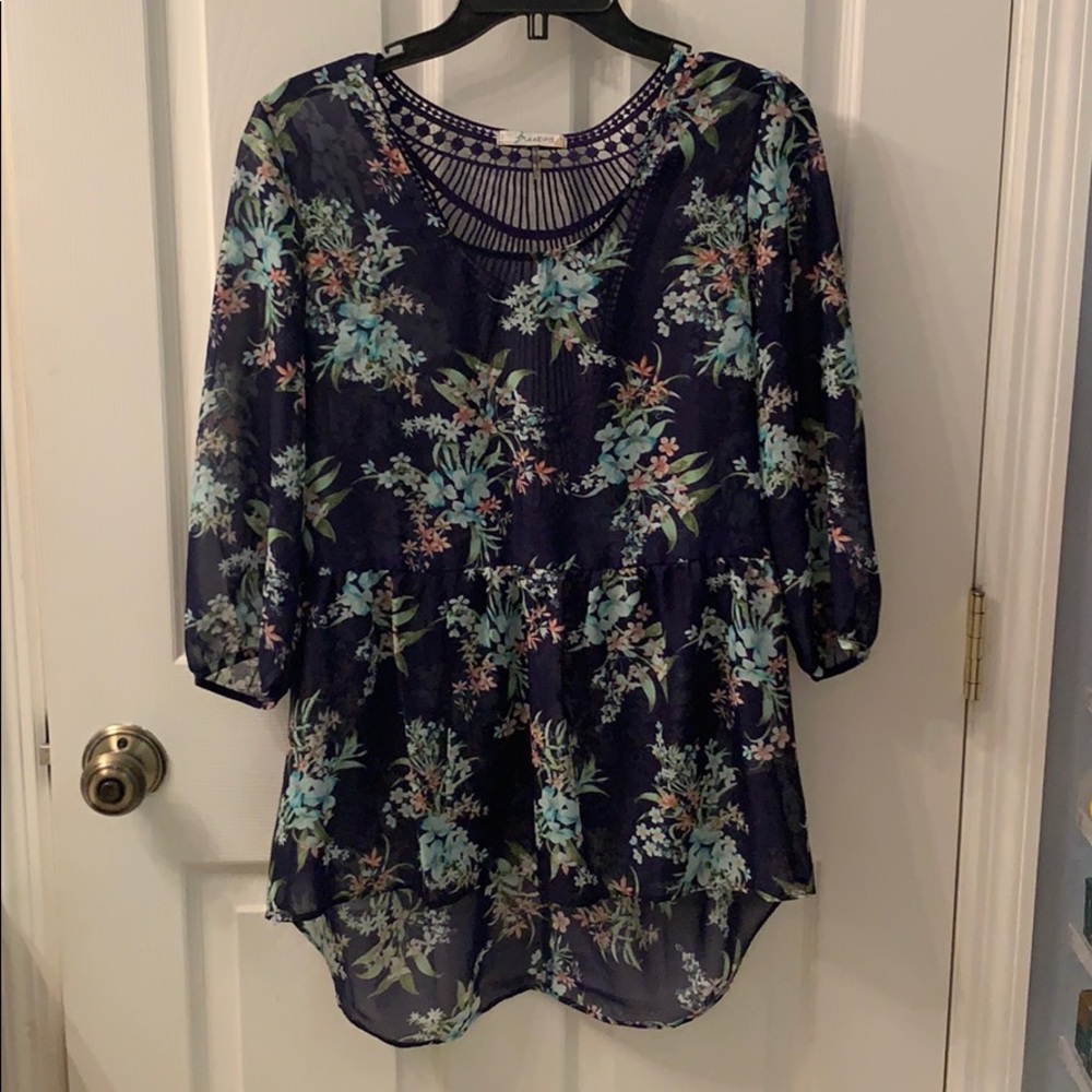 Free Bird Royal Blue Sheer Floral Top